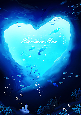 PSD 일러스트 밝음 어류 사람없음 여름 파란색 빛 심해 하트 동굴 물거품 국내일러스트 모양 계절 컬러 바닷속 수중동물 거품 파일형식