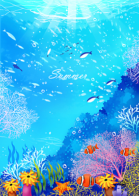 PSD 물결 하늘색 일러스트 사람없음 여름 빛 바닷속 산호 열대어 물거품 말미잘 흰동가리 국내일러스트 계절 어류 파란색 수중 거품 자포동물 파일형식