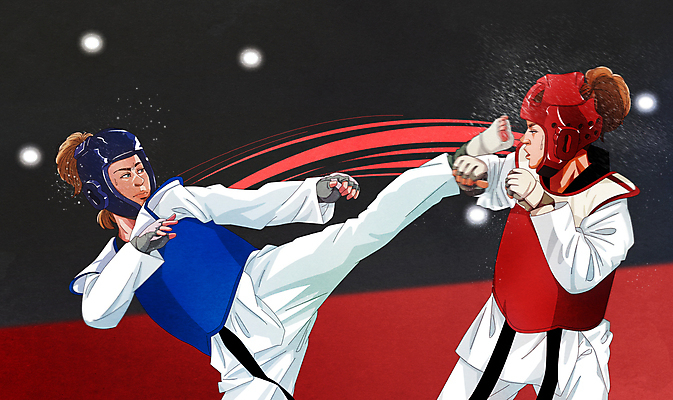 전신 PSD 여자 일러스트 운동선수 경기 상반신 성인 두명 수비 킥 라이벌 태권도 싸움 태권도복 태권도선수 때리기 성인여자만 국내일러스트 스포츠 모션 도복 사람 격투기 여자만 성인만 파일형식