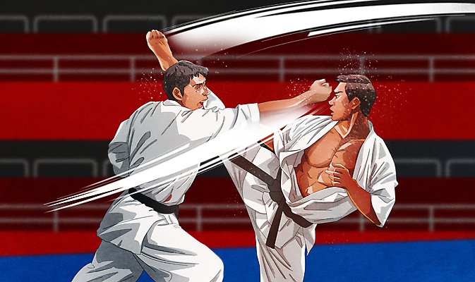 전신 PSD 남자 일러스트 운동선수 도복 경기 상반신 성인 두명 주먹 펀치 수비 킥 라이벌 싸움 가라테 때리기 성인남자만 국내일러스트 옷 스포츠 모션 사람 격투기 남자만 성인만 파일형식