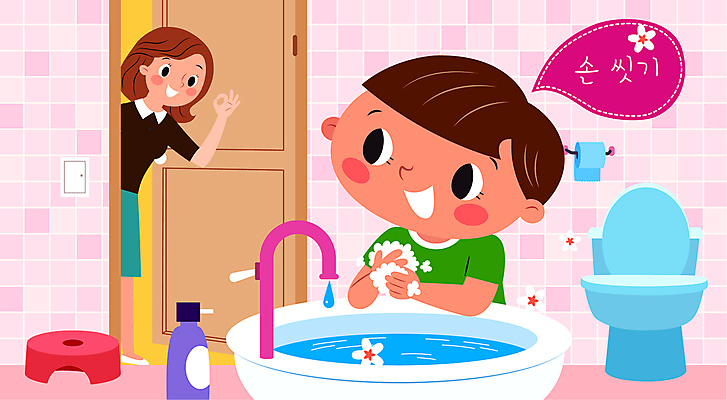 전신 여자 남자 어린이 말풍선 일러스트 소년 상반신 성인 두명 문 청결 위생 세면대 화장실 예방 변기 손씻기 수돗물 식중독 국내일러스트 AI파일 모자관계 아들 가족 엄마 사람 물 씻기 파일형식 벡터