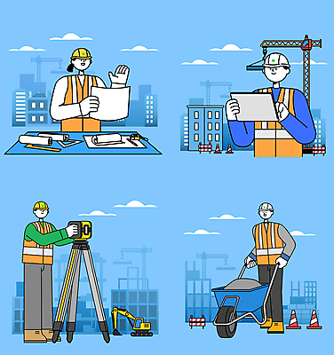 전신 구름 여자 남자 하늘색 일러스트 노동자 공사 들기 여러명 상반신 성인 건물 건설현장 설계도 안전모 포크레인 시멘트 타워크레인 산업안전 산업안전캐릭터 안전조끼 외발수레 칼라콘 현장직 성인만 건설근로자 국내일러스트 AI파일 자연요소 직업 건축물 산업 다수 모션 건설업 안전 사람 파란색 수레 중장비 헬멧 안전장비 기중기 산업캐릭터 파일형식 벡터