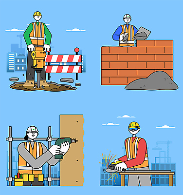 전신 구름 여자 남자 하늘색 일러스트 벽돌 노동자 공사 서기 들기 여러명 상반신 성인 건설현장 안전모 드릴 바르기 시멘트 갈기 산업안전 산업안전캐릭터 땅파기 시멘트공 안전조끼 현장직 성인만 건설근로자 국내일러스트 AI파일 자연요소 직업 산업 다수 모션 건설업 안전 사람 파란색 공구 헬멧 안전장비 산업캐릭터 파일형식 벡터