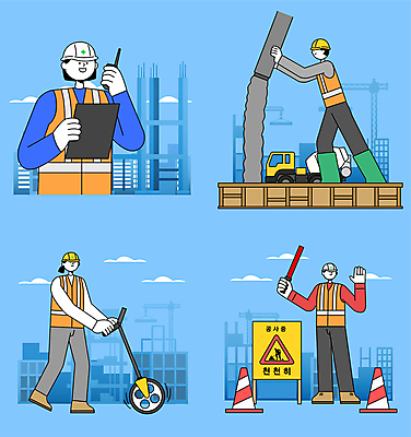 전신 구름 여자 남자 하늘색 일러스트 노동자 안내 공사 서기 들기 여러명 상반신 성인 손들기 건설현장 중장비 붓기 안전모 측정 시멘트 무전기 산업안전 산업안전캐릭터 경찰봉 무전 안전조끼 칼라콘 현장직 성인만 건설근로자 국내일러스트 AI파일 자연요소 직업 산업 다수 통신 모션 무선통신 건설업 안전 사람 파란색 산업장비 헬멧 안전장비 산업캐릭터 파일형식 벡터