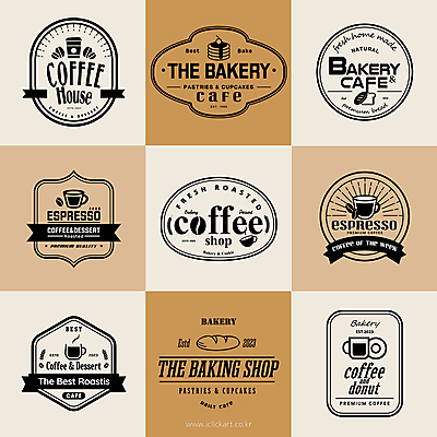 리본 커피 선 빵 일러스트 사람없음 세트 노란색 라벨 사각형 카페 빵집 원두 원형 바게트 라인아트 육각형 에스프레소 타원형 팬케이크 베이지색 테이크아웃컵 국내일러스트 AI파일 도형 음료 음식 컬러 프레임 컵 케이크 상점 파일형식 벡터