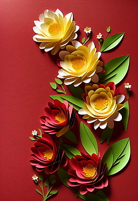 JPG 스튜디오촬영 편집이미지 꽃 종이 잎 사람없음 빨간색 노란색 페이퍼아트 편집실사 AI포토 AI콘텐츠 식물 컬러 실내 CG 파일형식