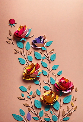 JPG 스튜디오촬영 편집이미지 꽃 종이 분홍색 잎 사람없음 장미 페이퍼아트 편집실사 AI포토 AI콘텐츠 식물 컬러 실내 CG 파일형식