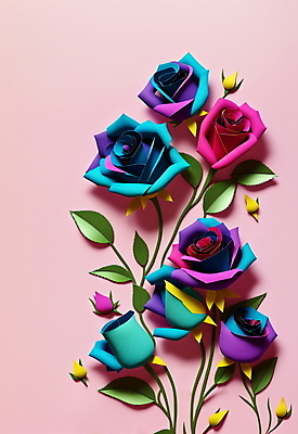 JPG 스튜디오촬영 편집이미지 꽃 종이 분홍색 잎 사람없음 파란색 장미 페이퍼아트 편집실사 AI포토 AI콘텐츠 식물 컬러 실내 CG 파일형식