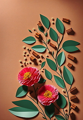 JPG 스튜디오촬영 편집이미지 꽃 종이 분홍색 잎 사람없음 갈색 페이퍼아트 편집실사 AI포토 AI콘텐츠 식물 컬러 실내 CG 파일형식
