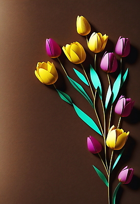 JPG 스튜디오촬영 편집이미지 꽃 종이 분홍색 잎 사람없음 갈색 노란색 튤립 페이퍼아트 편집실사 AI포토 AI콘텐츠 식물 컬러 실내 CG 파일형식