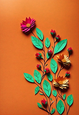 JPG 스튜디오촬영 편집이미지 꽃 종이 잎 사람없음 초록색 주황색 페이퍼아트 편집실사 AI포토 AI콘텐츠 식물 컬러 실내 CG 파일형식