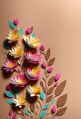 JPG 스튜디오촬영 편집이미지 꽃 종이 분홍색 잎 사람없음 페이퍼아트 베이지색 편집실사 AI포토 AI콘텐츠 식물 컬러 실내 CG 파일형식