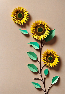 JPG 스튜디오촬영 편집이미지 꽃 종이 잎 해바라기 사람없음 노란색 페이퍼아트 베이지색 편집실사 AI포토 AI콘텐츠 식물 컬러 실내 CG 파일형식