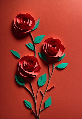 JPG 스튜디오촬영 편집이미지 꽃 종이 잎 사람없음 빨간색 장미 페이퍼아트 편집실사 AI포토 AI콘텐츠 식물 컬러 실내 CG 파일형식