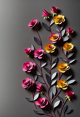 JPG 스튜디오촬영 편집이미지 꽃 종이 분홍색 잎 사람없음 노란색 회색 페이퍼아트 편집실사 AI포토 AI콘텐츠 식물 컬러 실내 CG 파일형식