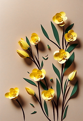 JPG 스튜디오촬영 편집이미지 꽃 종이 잎 사람없음 노란색 페이퍼아트 베이지색 편집실사 AI포토 AI콘텐츠 식물 컬러 실내 CG 파일형식