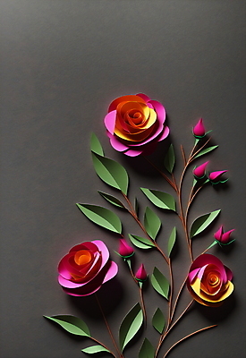 JPG 스튜디오촬영 편집이미지 꽃 종이 분홍색 잎 사람없음 장미 회색 페이퍼아트 편집실사 AI포토 AI콘텐츠 식물 컬러 실내 CG 파일형식