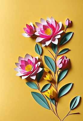JPG 스튜디오촬영 편집이미지 꽃 종이 분홍색 잎 사람없음 노란색 페이퍼아트 편집실사 AI포토 AI콘텐츠 식물 컬러 실내 CG 파일형식