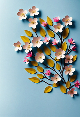 JPG 스튜디오촬영 편집이미지 꽃 종이 분홍색 하늘색 잎 사람없음 벚꽃 페이퍼아트 편집실사 AI포토 AI콘텐츠 식물 컬러 실내 파란색 CG 파일형식