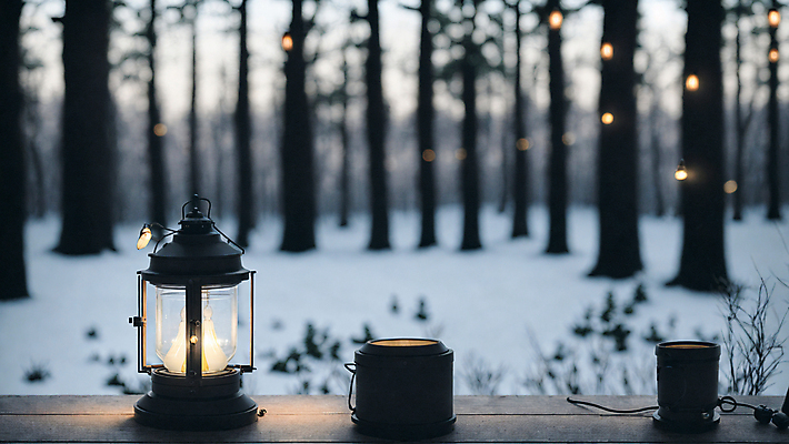 JPG 주간 나무 편집이미지 겨울 탁자 사람없음 야외 아웃포커스 빛 눈 랜턴 숲속 숲 편집실사 AI포토 AI콘텐츠 자연요소 식물 계절 가구 날씨 조명 촬영기법 CG 파일형식