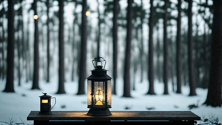 JPG 주간 나무 편집이미지 겨울 탁자 사람없음 야외 아웃포커스 빛 눈 랜턴 숲속 숲 편집실사 AI포토 AI콘텐츠 자연요소 식물 계절 가구 날씨 조명 촬영기법 CG 파일형식