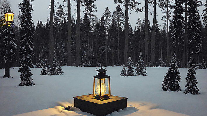 JPG 나무 편집이미지 겨울 탁자 사람없음 야외 빛 눈 랜턴 야간 숲속 숲 편집실사 AI포토 AI콘텐츠 자연요소 식물 계절 가구 날씨 조명 CG 파일형식