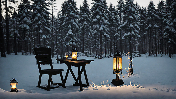 JPG 나무 편집이미지 겨울 의자 탁자 사람없음 야외 빛 눈 랜턴 야간 숲속 숲 편집실사 AI포토 AI콘텐츠 자연요소 식물 계절 가구 날씨 조명 CG 파일형식