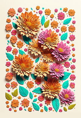 JPG 스튜디오촬영 편집이미지 꽃 종이 분홍색 잎 사람없음 주황색 페이퍼아트 조화 편집실사 AI포토 AI콘텐츠 식물 컬러 실내 CG 파일형식
