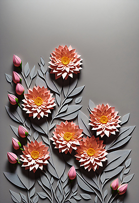 JPG 스튜디오촬영 편집이미지 꽃 종이 분홍색 잎 사람없음 회색 페이퍼아트 꽃봉오리 조화 편집실사 AI포토 AI콘텐츠 식물 컬러 실내 CG 파일형식