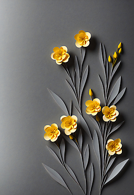 JPG 스튜디오촬영 편집이미지 꽃 종이 잎 사람없음 노란색 회색 페이퍼아트 꽃봉오리 조화 편집실사 AI포토 AI콘텐츠 식물 컬러 실내 CG 파일형식