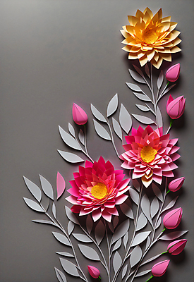 JPG 스튜디오촬영 편집이미지 꽃 종이 잎 사람없음 회색 페이퍼아트 꽃봉오리 조화 편집실사 AI포토 AI콘텐츠 식물 컬러 실내 CG 파일형식