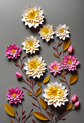 JPG 스튜디오촬영 편집이미지 꽃 종이 잎 사람없음 회색 페이퍼아트 꽃봉오리 조화 편집실사 AI포토 AI콘텐츠 식물 컬러 실내 CG 파일형식