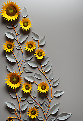 JPG 스튜디오촬영 편집이미지 꽃 종이 잎 해바라기 사람없음 노란색 회색 페이퍼아트 조화 편집실사 AI포토 AI콘텐츠 식물 컬러 실내 CG 파일형식