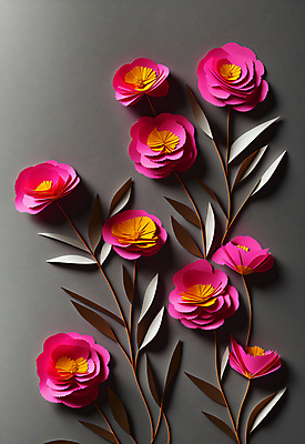 JPG 스튜디오촬영 편집이미지 꽃 종이 분홍색 잎 사람없음 회색 페이퍼아트 조화 편집실사 AI포토 AI콘텐츠 식물 컬러 실내 CG 파일형식