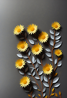 JPG 스튜디오촬영 편집이미지 꽃 종이 잎 사람없음 노란색 회색 페이퍼아트 조화 편집실사 AI포토 AI콘텐츠 식물 컬러 실내 CG 파일형식
