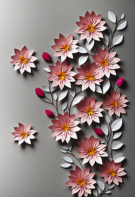 JPG 스튜디오촬영 편집이미지 꽃 종이 분홍색 잎 사람없음 회색 페이퍼아트 꽃봉오리 조화 편집실사 AI포토 AI콘텐츠 식물 컬러 실내 CG 파일형식