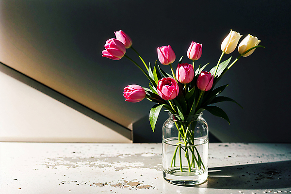 JPG 스튜디오촬영 편집이미지 분홍색 유리병 실내 그림자 사람없음 빛 꽃병 튤립 편집실사 AI포토 AI콘텐츠 꽃 컬러 병_용기 내부 CG 파일형식