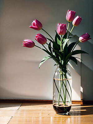 JPG 스튜디오촬영 편집이미지 분홍색 유리병 실내 그림자 사람없음 빛 꽃병 튤립 편집실사 AI포토 AI콘텐츠 꽃 컬러 병_용기 내부 CG 파일형식