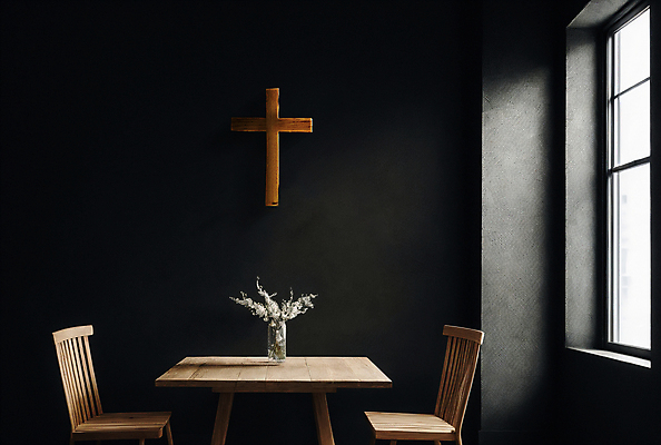 JPG 편집이미지 기독교 십자가 의자 탁자 실내 풍경 사람없음 꽃병 검은색 창가 디지털합성 편집소스 편집실사 AI컴퓨터그래픽 AI콘텐츠 꽃 종교 컬러 가구 창문 내부 CG 파일형식