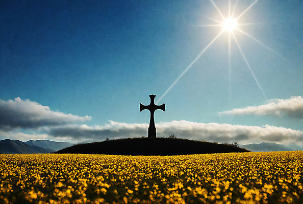 JPG 편집이미지 꽃 실루엣 기독교 십자가 풍경 초원 사람없음 빛 태양 언덕 디지털합성 편집소스 편집실사 AI컴퓨터그래픽 AI콘텐츠 자연요소 식물 종교 촬영기법 CG 파일형식