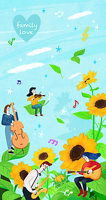 PSD 여자 남자 어린이 하늘색 연주 음표 일러스트 가족 해바라기 사랑 서기 앉기 소녀 여러명 상반신 성인 기타 하트 색소폰 바이올린 즐거움 합주 콘트라베이스 국내일러스트 모양 기호 꽃 감정 음악 다수 관계 모션 현악기 사람 파란색 목관악기 파일형식