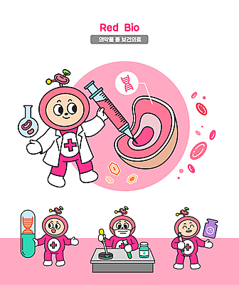 전신 분홍색 일러스트 실험 주사기 마스크 미소 들기 사람 여러명 알약 약 의사가운 약병 DNA 스포이트 플라스크 적혈구 바이오 샬레 피부층 월간캐릭터 일러캐릭터 AI파일 캐릭터 컬러 다수 의학 의료기기 모션 표정 실험기구 의사 가운 생명공학 피부 혈구 피펫 병_담는 파일형식 벡터