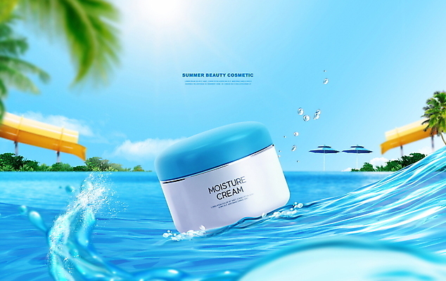 PSD 편집이미지 물결 사람없음 여름 파란색 햇빛 뷰티 화장품 물방울 미끄럼틀 야자수잎 기초화장품 블러효과 수분크림 워터파크 이미지편집 계절 컬러 잎 수영장 태양 놀이기구 블러 파일형식 효과