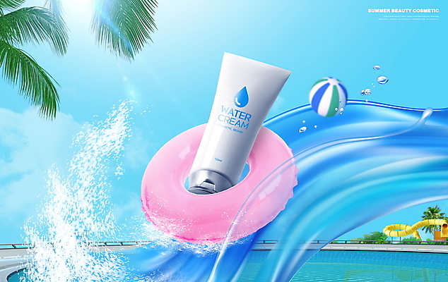 PSD 편집이미지 파도 사람없음 물 여름 파란색 햇빛 뷰티 화장품 물방울 미끄럼틀 비치볼 튀는물 튜브 야자수잎 기초화장품 워터파크 이미지편집 자연요소 계절 바다 컬러 잎 공 바캉스용품 수영장 태양 놀이기구 액체표현 스플래쉬 파일형식