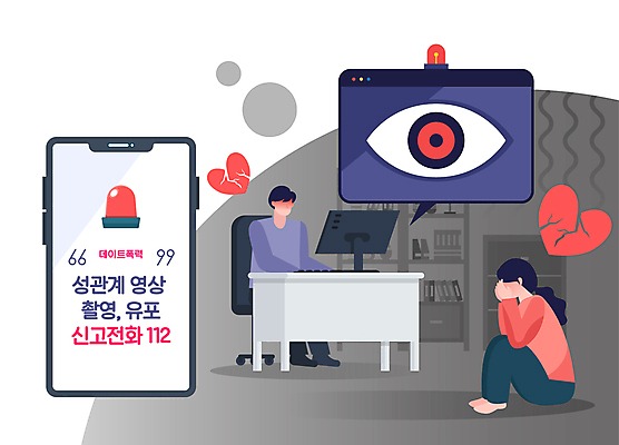 전신 여자 남자 의자 일러스트 앉기 성인 두명 스마트폰 컴퓨터 하트 책상 동영상 웅크림 얼굴가리기 경고등 깨짐 몰래카메라 피해자 안구 성인만 데이트폭력 가해자 불법촬영 국내일러스트 AI파일 모양 가구 컨셉 모션 사람 신체부위 전자제품 핸드폰 스마트기기 카메라 피해 가림 폭력 범죄 파일형식 벡터