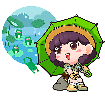 전신 여자 어린이 인물캐릭터 여러마리 일러스트 우산 노래 개구리 한명 들기 앉기 소녀 점프 올려보기 탐험 돌_바위 물방울 연못 비 연잎 탐험대 소녀한명만 월간캐릭터 일러캐릭터 AI파일 자연요소 캐릭터 1 음악 다수 잎 모션 날씨 양서류 사람 여자한명만 소녀만 파일형식 벡터