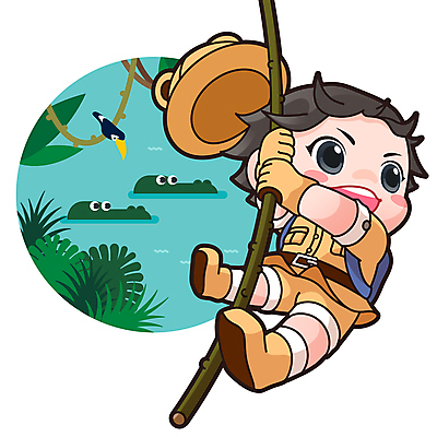 전신 남자 어린이 인물캐릭터 잎 일러스트 매달리기 세마리 한명 소년 탐험 잡기 덩굴 열대우림 악어 아마존강 탐험대 소년한명만 토코투칸 월간캐릭터 일러캐릭터 AI파일 식물 캐릭터 1 파충류 모션 조류 3 사람 숲 남자한명만 소년만 파일형식 벡터