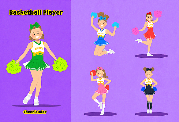전신 여자 인물캐릭터 허리손 유니폼 일러스트 응원 농구 서기 여러명 성인 점프 응원용품 치어리더 응원수술 한발서기 성인여자만 월간캐릭터 치어리딩 일러캐릭터 AI파일 캐릭터 옷 포즈 다수 모션 사람 구기 오브젝트 여자만 성인만 파일형식 벡터