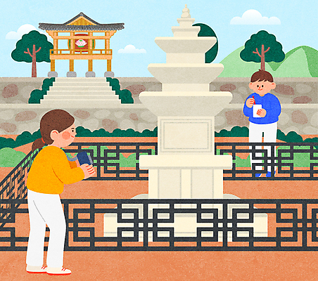 전신 나무 여자 남자 어린이 일러스트 하늘 들기 소녀 소년 두명 울타리 계단 사진촬영 기록 사찰 체험학습 체험 석탑 한국사 3층석탑 견학 역사탐방 어린이만 국내일러스트 AI파일 식물 교육 컨셉 종교건축 모션 사람 담장 탑 촬영 역사 탐방 파일형식 벡터