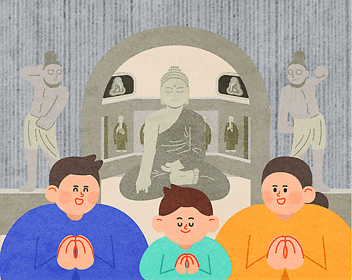여자 남자 어린이 불교 일러스트 가족 소년 상반신 성인 세명 눈감음 체험학습 체험 한국사 불상 부처 합장 견학 부처님상 석굴암 역사탐방 국내일러스트 AI파일 교육 종교 컨셉 관계 모션 한국 사람 손짓 역사 랜드마크 탐방 파일형식 벡터